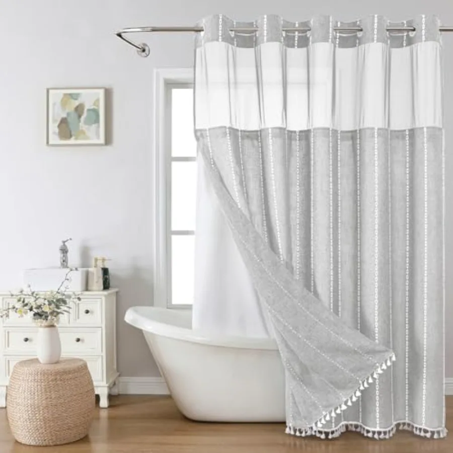 

Grey Farmhouse No Hook Shower Curtain Set with Snap-in Fabric Liner, Boho Heavy-Duty Linen Textured Rustic Striped Design, Wate