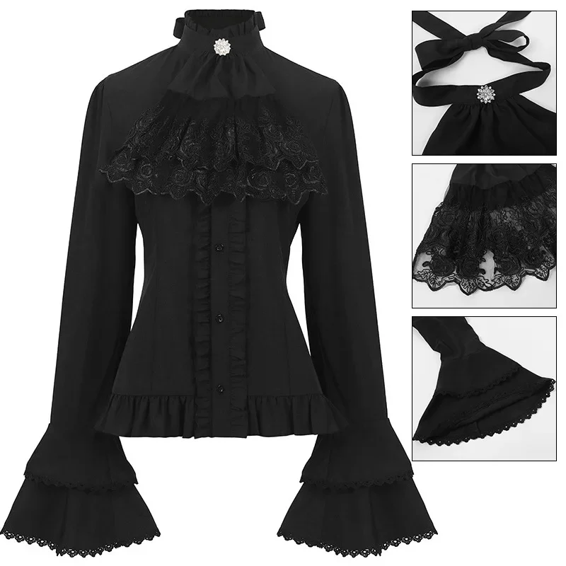 Women Medieval Steampunk Shirts Renaissance Pleated Victorian Top Inner Layer Lady Long Sleeve Retro  Slim French Blouses