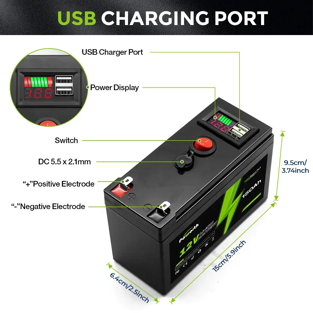 LiFePO4 12V 150Ah Battery,4000+ Cycles Rechargeable Lithium Battery,Built-in BMS,Perfect for Ride on Toys,Scooters,Fish Finders