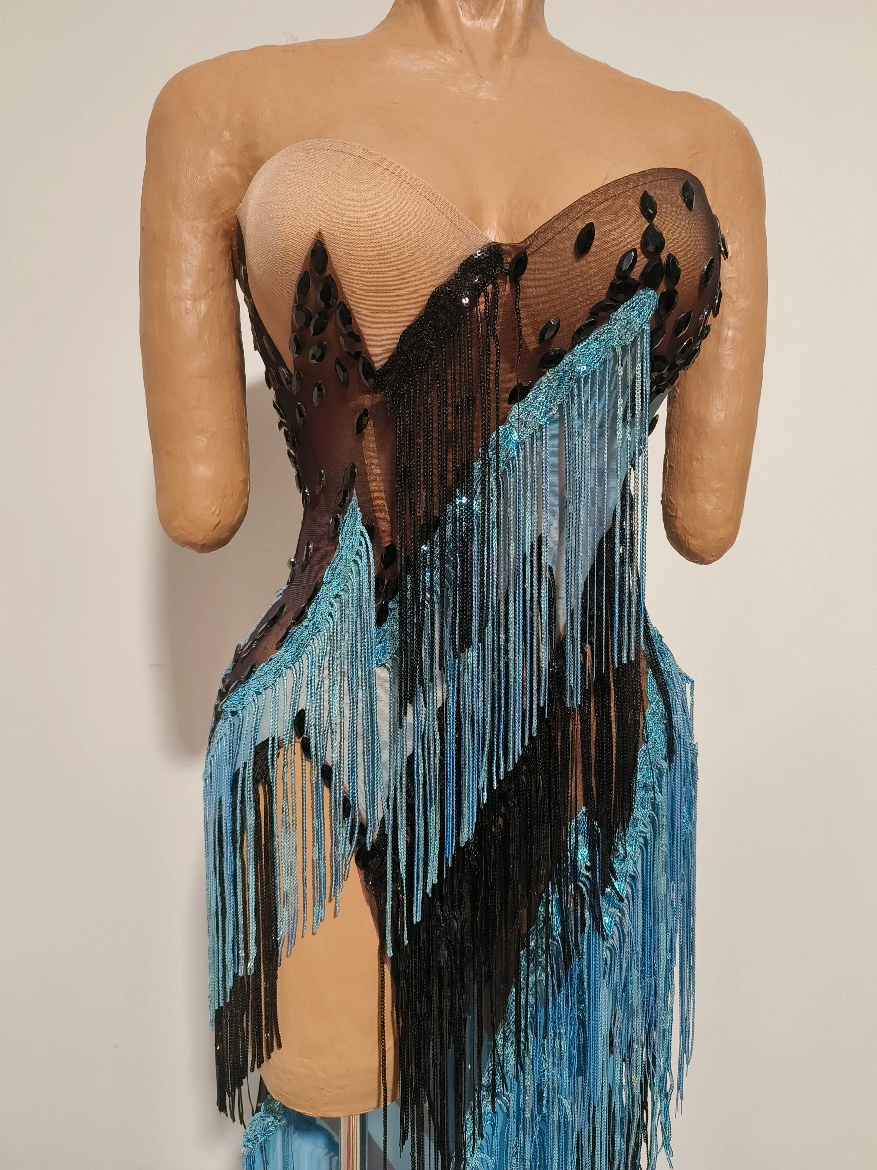 Qinggao Black Blue Contrast Tassel Rhinestone Evening Gown Strapless High Slit Train Dance Pageant Dress