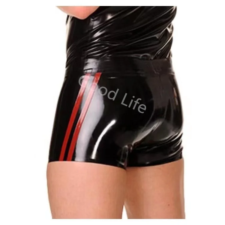 Natural Latex  men's Sexy Boxer Briefs Latex Rubber Black Shorts with 2colors Strips Crotch Zip