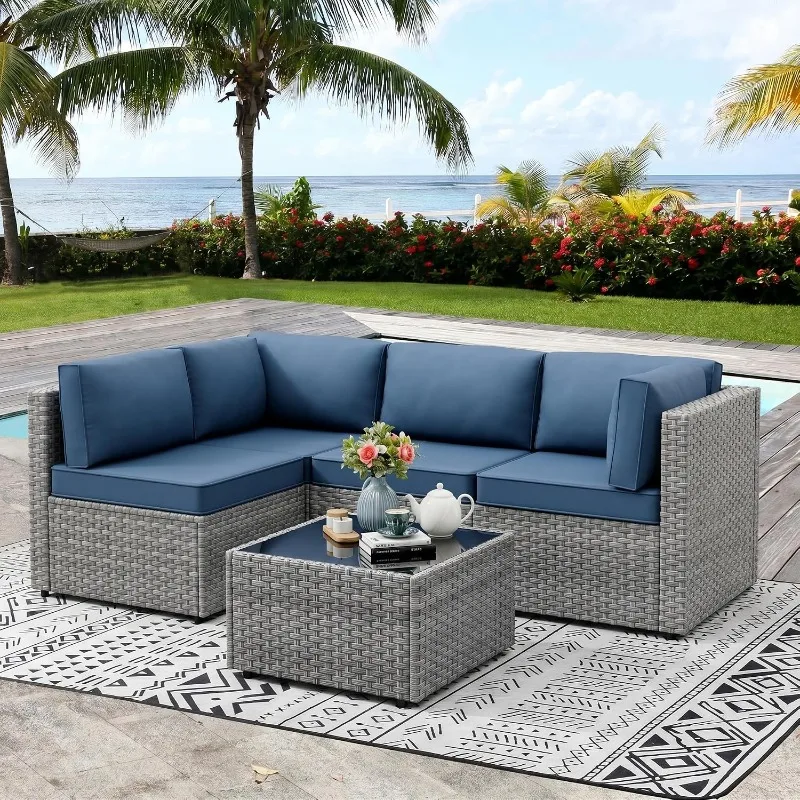 Vongrasig 5 Pieces Outdoor Sectional Furniture, All-Weather Rattan Patio Furniture Set,Wicker Patio Sectional Couch with Cushion
