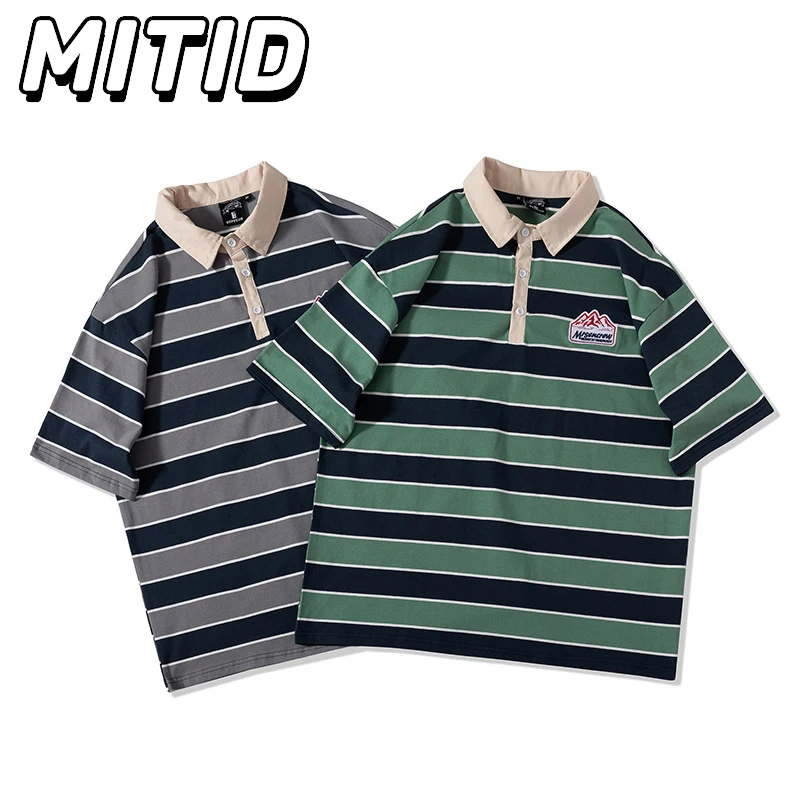 Contrast Color Casual Striped Polo Shirt Men Retro Short Sleeve&Long Sleeve Lapel Polo T Shirt Oversized T Shirt Y2k Streetwear