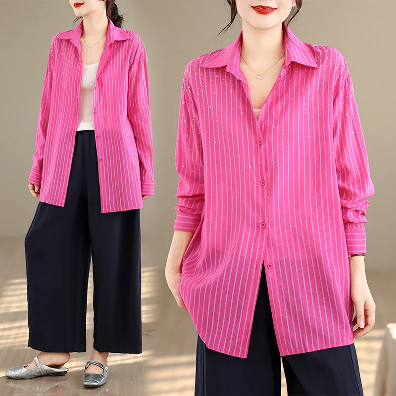 

Розовая женская рубашка с воротником, весенне-осенняя, повседневная, свободного кроя, на одной пуговице, с тяжелой отделкой стразами и полосками