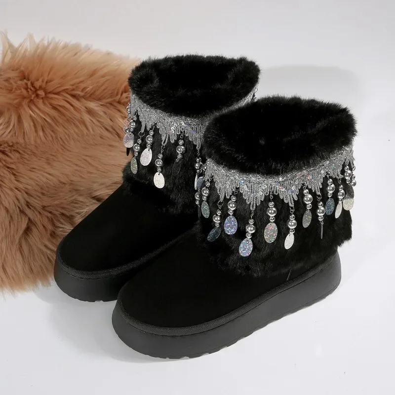 Winter New Round Toe Suede Tassel Sequin Cover Foot Warm Platform Non-Slip Wear-Resistant Flat Snow Boots Plus Size 41 42 43