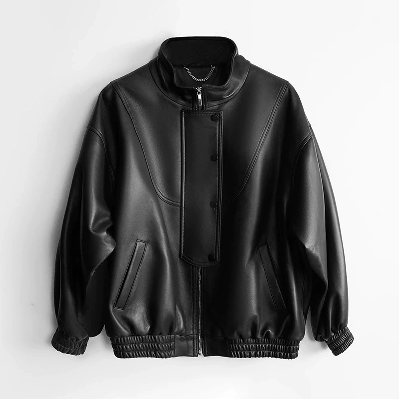 سترة نسائية جديدة لعام 2025 من الجلد الطبيعي موضة ملابس الشارع الشهير سترة نسائية كبيرة الحجم بياقة واقفة معطف جلد غير رسمي للجنسين