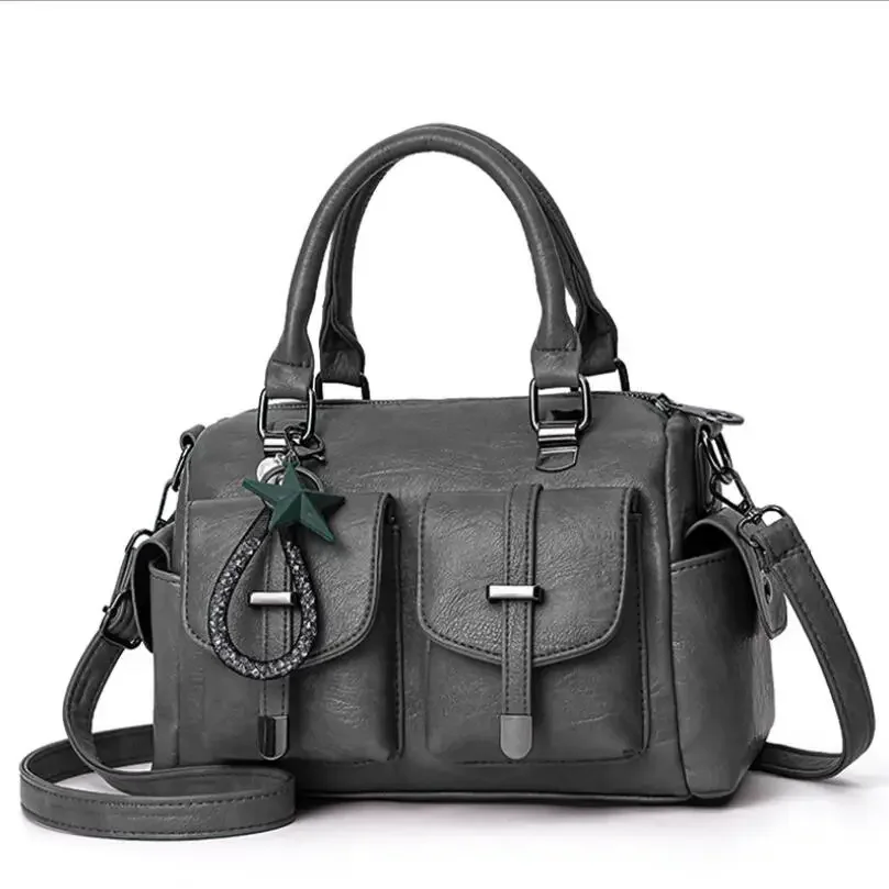 Female Boston Fashion Handbag Soft Leather Large Capacity Mother Bag Retro Women\'S Shoulder Multi-Pocket Female Bag L10