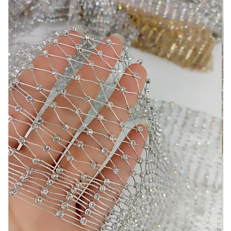 65X55cm Grey Fishing Net Line Stone Crystal Rhinestone Connection Fabric 2023 Ins Hot Designer white for DIY Dress Mask Decor