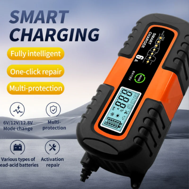 6V12V Car Battery Motorcycle Pulse Repair LCD Display Smart Fast Charge AGM STD Deep Cycle GEL Lead-Acid Lithium LFP 6A Charger