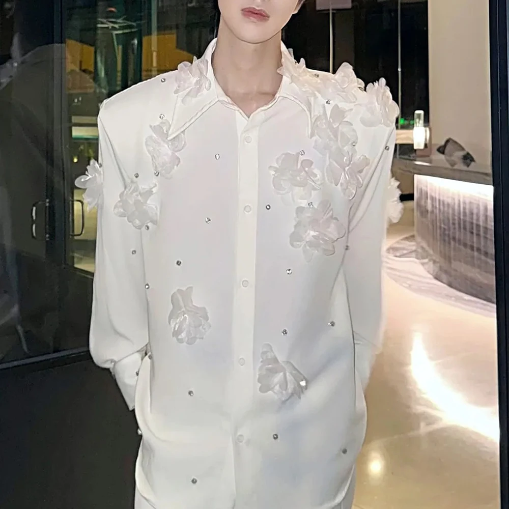 

Mens Spring Shirt Applique Pearls Shirt Streetwear Fashion Youth Nightclub Stage Performance Dj Long Sleeve Top Men'S Clothing