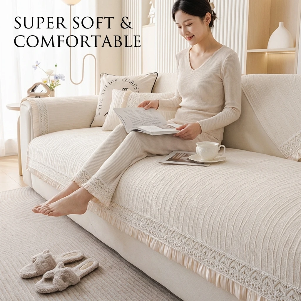 Luxury Chenille Couch Cover with Skirt Non-Slip Sofa Cover Four Seasons Sectional Sofa Armrest Backrest Cover for Living Room