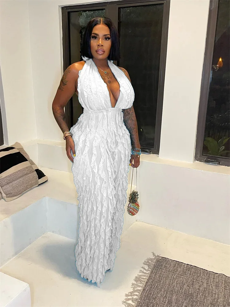 Wmster ジャンプスーツ女性のセクシーなパーティークラブロンパースフリルホルター背中の開いたノースリーブワイドレッグ遊び着新卸売ドロップシッピング