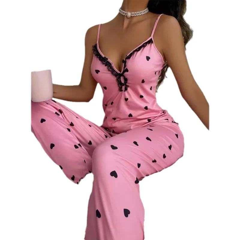 Women\'s new V-neck pajamas comfortable home button up suspender pants home suit set