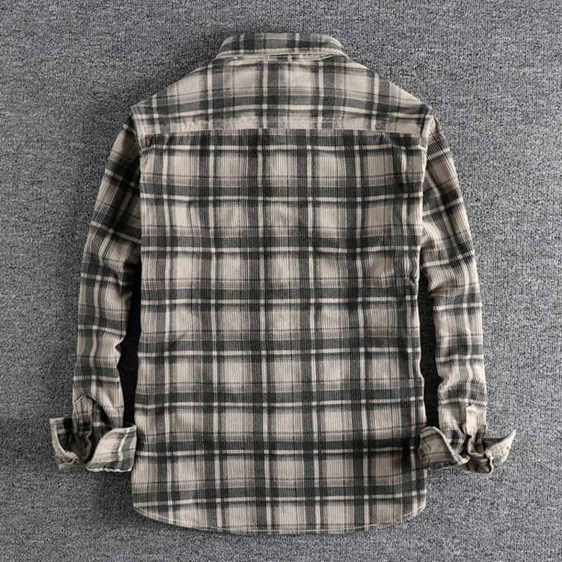 Corduroy Wash Spring Fall Shirt Men\'s plaid vintage casual long-sleeved double pocket shirt