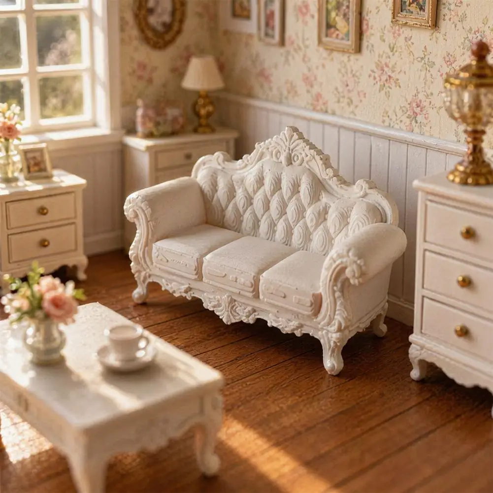 Small Sofa Model Miniature Vintage Sofa for Dollhouse Retro Couch Figurine Tiny Lounge Chair Model 1/12 Scale Dollhouse