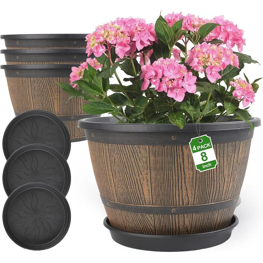 4-Pack 8 Whiskey Barrel-Style Planters with Drainage and Saucer, Suitable for Indoor and Outdoor Use