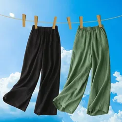 Women's linen and cotton casual trousers, nine-quarter wide-leg trousers, work trousers, high-waisted straight-leg trousers