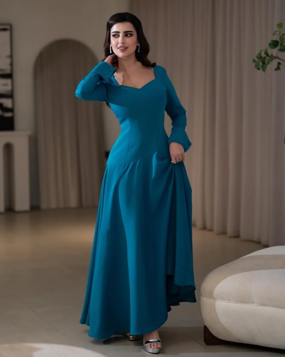 

Customized Modern Style Classic Jersey Ruched Button A-line Square Neck Long Dresses Evening Dresses High Quality Matching Retro