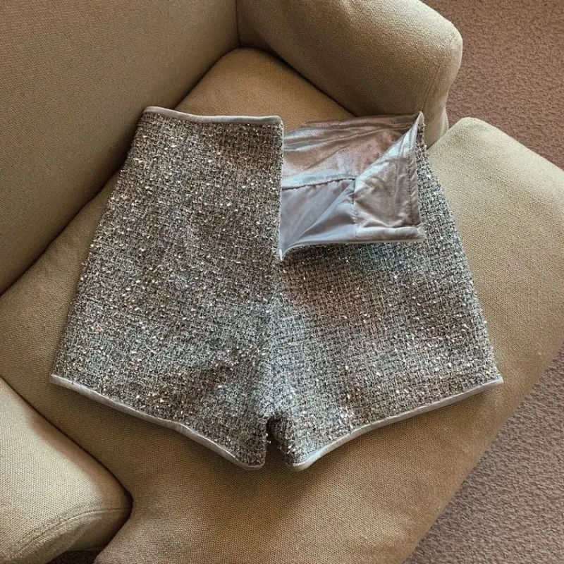 High-waisted Sequined Shorts for Women in Spring Autumn New Trendy Temperament Straight Wide-legged Slimming Casual Pants