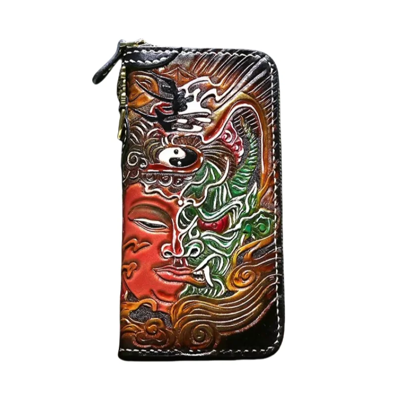 

Hand-carved Devil and Buddha Wallets Bag Purses Men Long Clutch Vegetable Tanned Leather Christmas Gifts