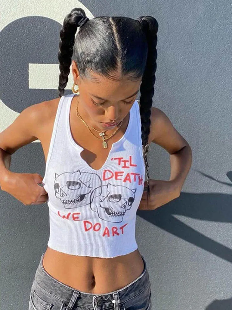 Camiseta sin mangas con cuello cuadrado para mujer, Top corto elástico informal sin mangas con estampado de letras y hebillas de Pin
