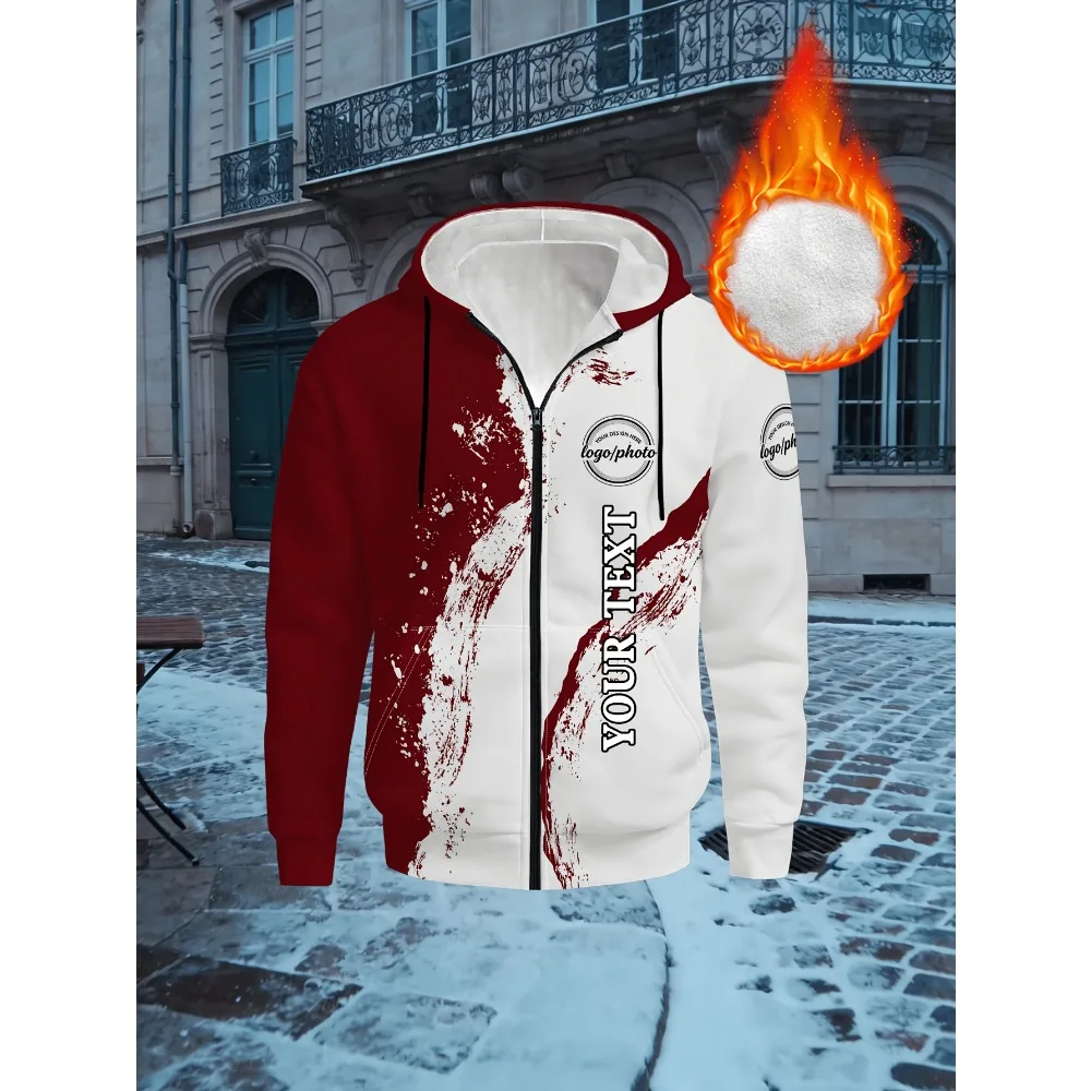 Warm Fleece Lined Splash Ink Zip Hoodie For Men Black White DIY Custom Logo Text Soft Polyester Loose Winter Outer Coat