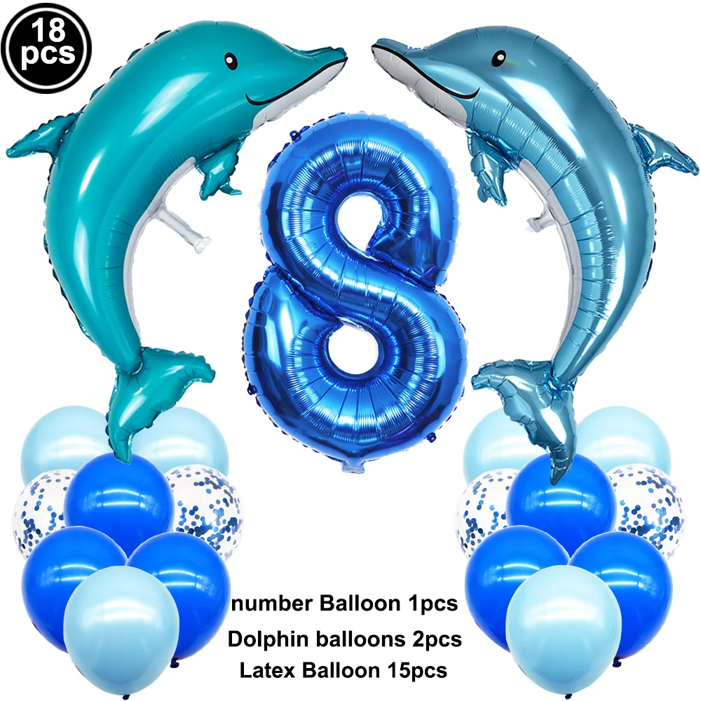 18 Stück Delphin-Luftballons, blau, 32 Zoll, Zahlen, Ballon, 1. Geburtstag, Dekoration für Kinder, Jungen, Meerestiere, Thema, Geburtstagsparty-Zubehör – Detail 5