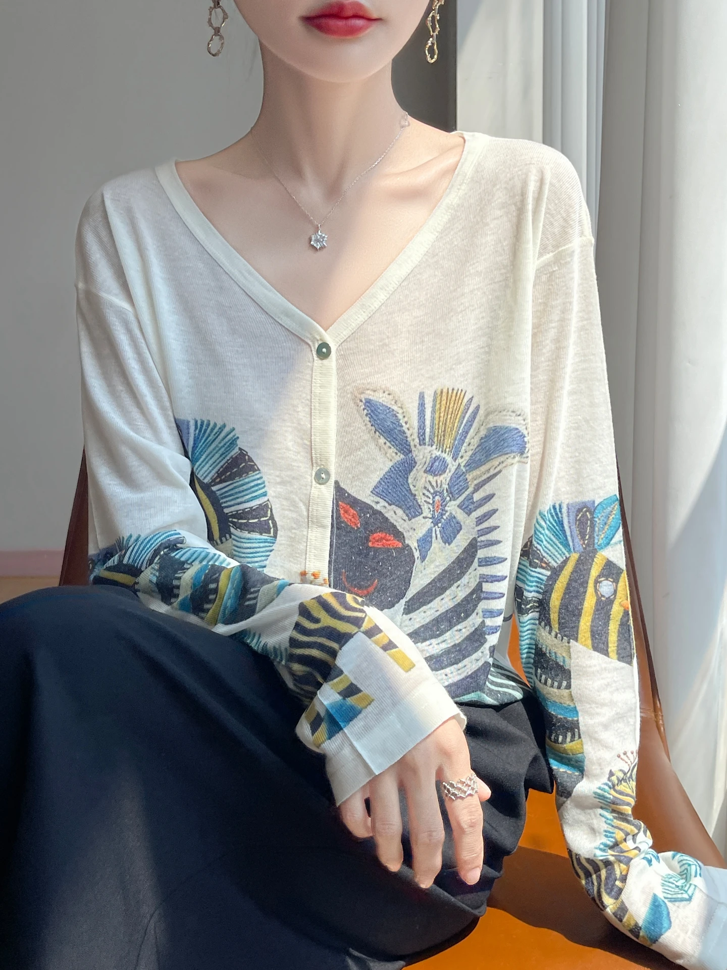 Ele Printed Knitted Cardigan Thin Outerwear Casual Sle Loose Fit Long Sve V-Ne Button Closure Regular Length