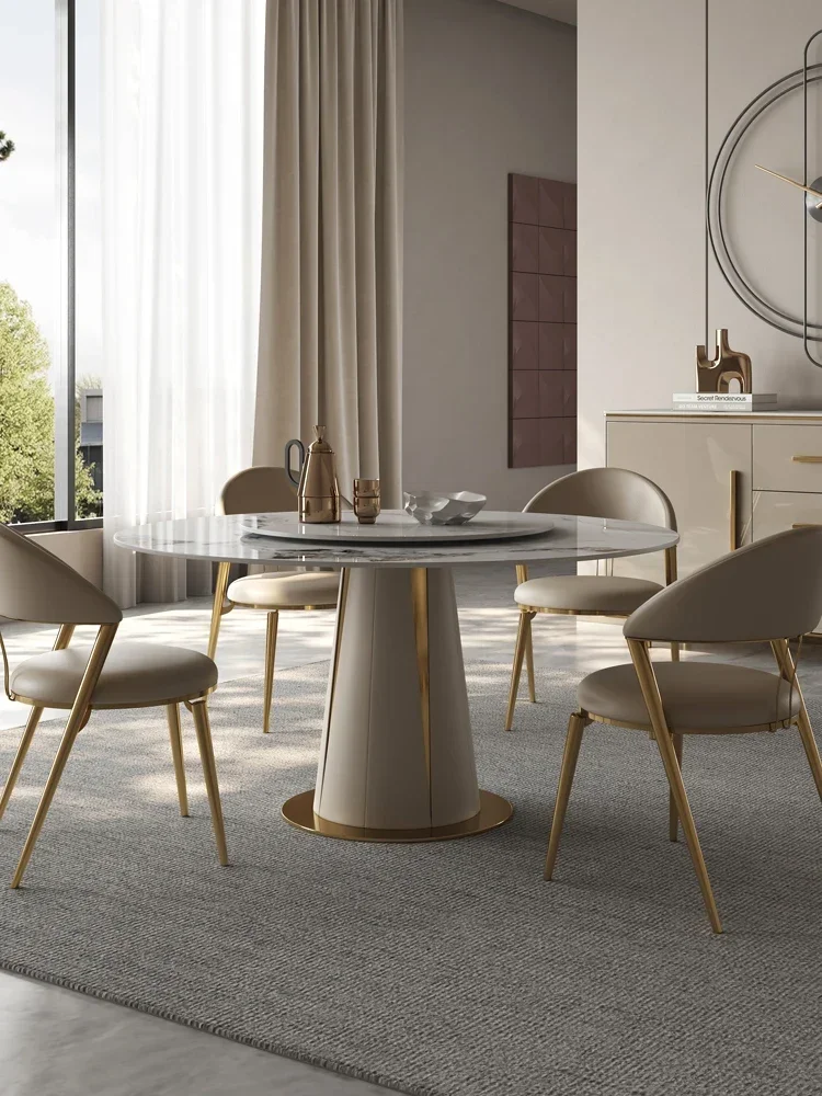 

Яркий круглый стол из каменной пластины с поворотным столом, роскошный обеденный стол и комбинация стульев для 6 человек, 1,3 домашний роскошный камень