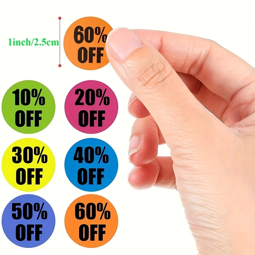 6 Rolls Colorful Deal & Discount Adhesive Label Stickers - 1 Roll Each of 60% Off, 40% Off, 30% Off, 20% Off, 10% Off for Retail