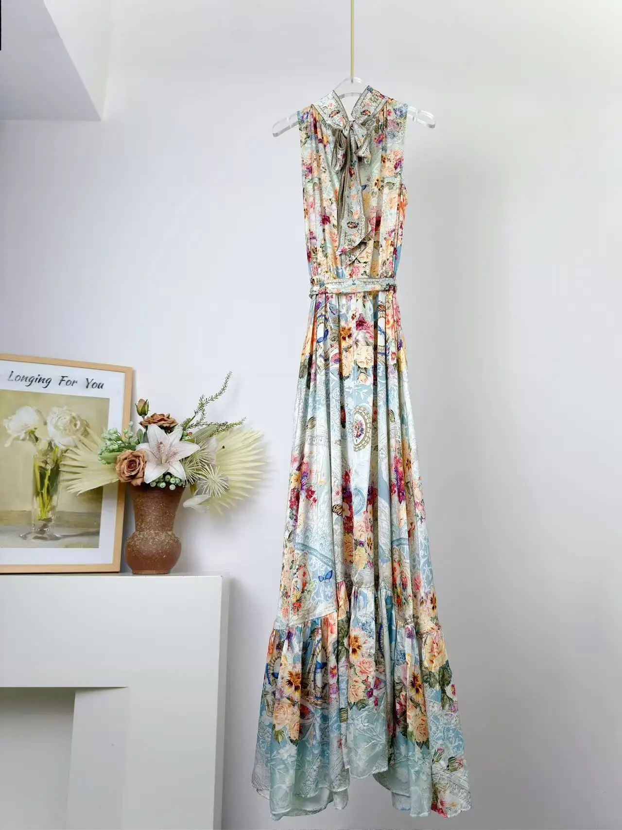 Crystal Beaded Women Blue Print Maxi Dress Lace-up High Waist Stand Collar Sleeveless Elegant 100% Silk Robe