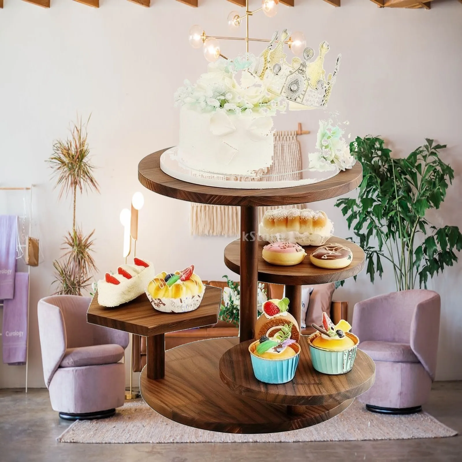 3 Tier Solid Wood Cake Display Stand for Pastry Snack Serving at Wedding Tea Party Buffet Table