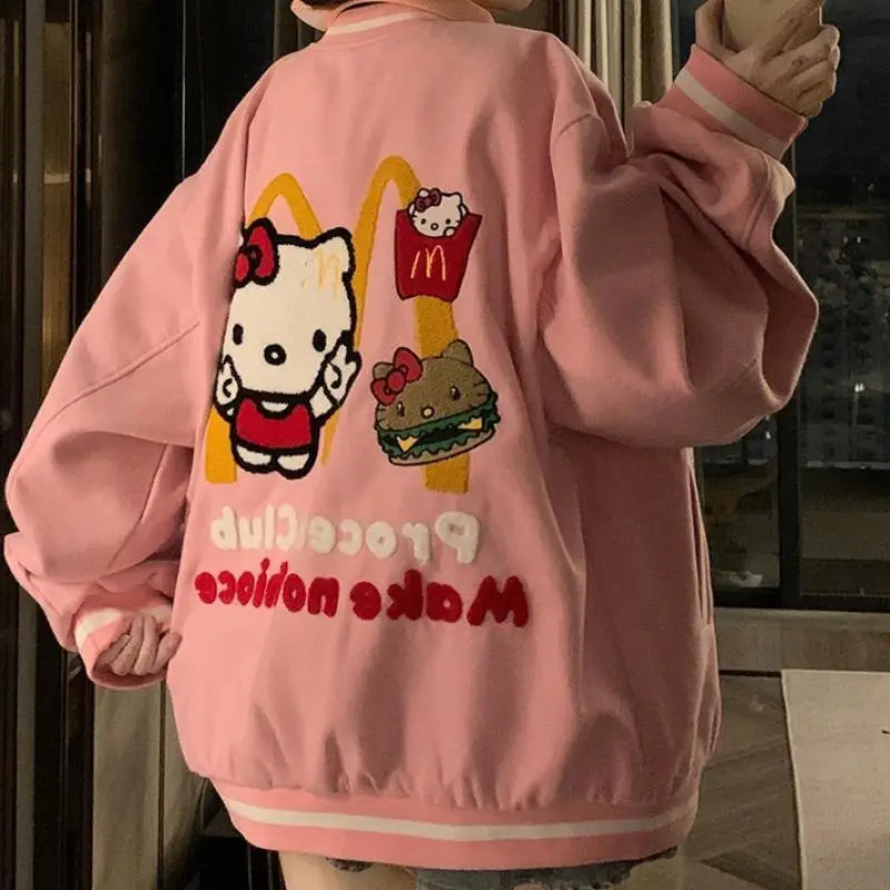 Couple Cute Cardigan Baseball Uniform Coat Anime Cartoon Hellokitty Street Retro Style Students Leisure Hip Hop Jacket Oversize