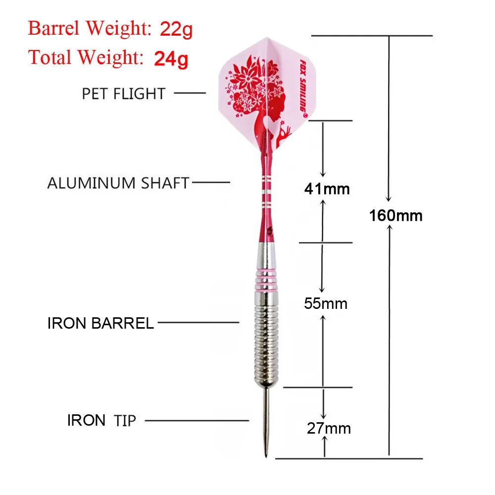 Fox Smiling 3PCS Steel Tip Darts Pin 24g With Darts Barrel And Aluminum Shafts Pink Laser Flights