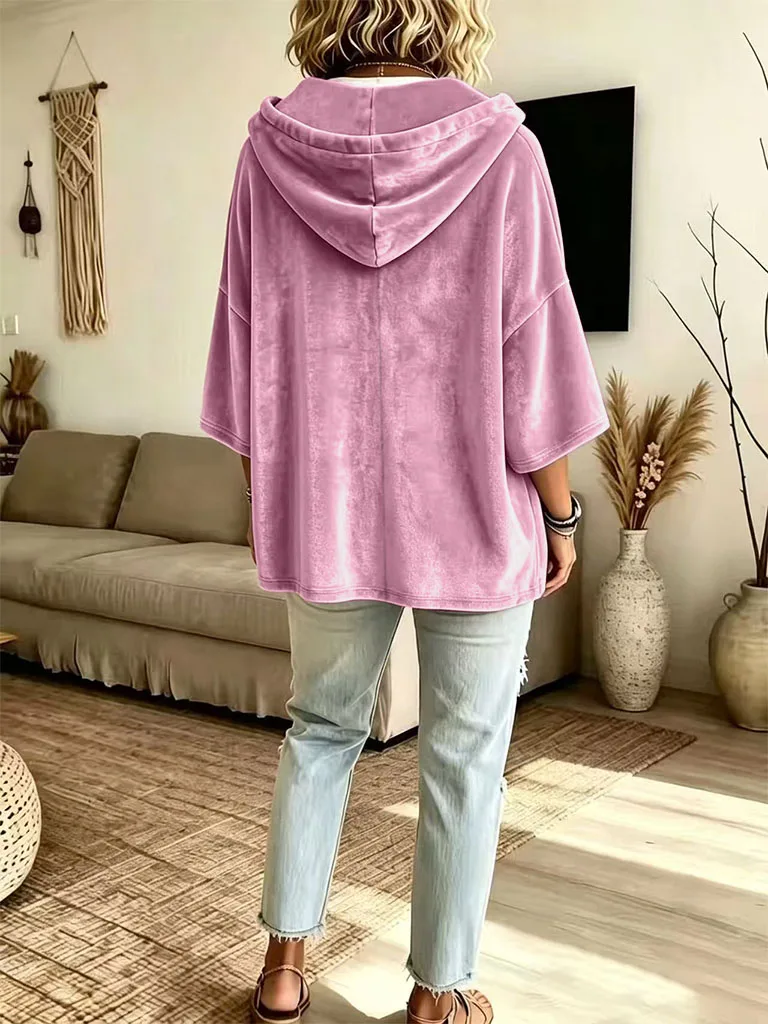 Neuer Herbst-Winter Damen Einfarbiger Samt-Hoodie mit 3/4-Ärmeln Lässige Oberteile – Detail 19