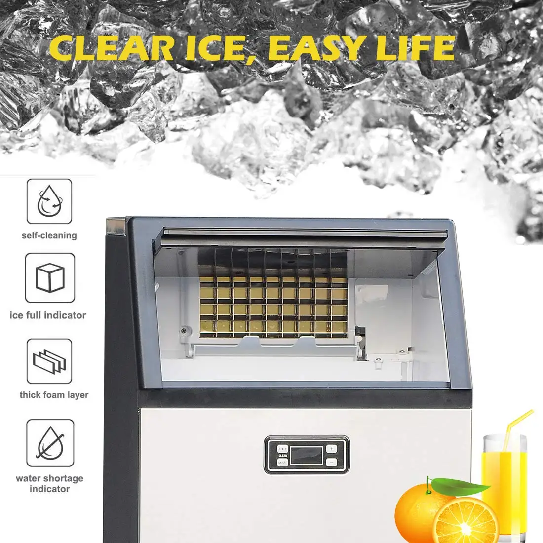 Smad Commercial Autônomo Ice Maker, Sob Contador, Auto Limpo, Armazenamento, Bar, Cafetaria, 33LBS, 100 LBS, 24H, 45Pcs, 11-20Mins