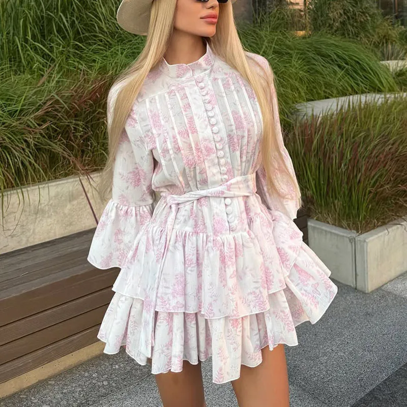 

Iridesse, French, Printed Short Dress, for Women, Stand Collar, Trumpet Sleeves, Single-breasted, Lace-up, A-line Ruffled Dress