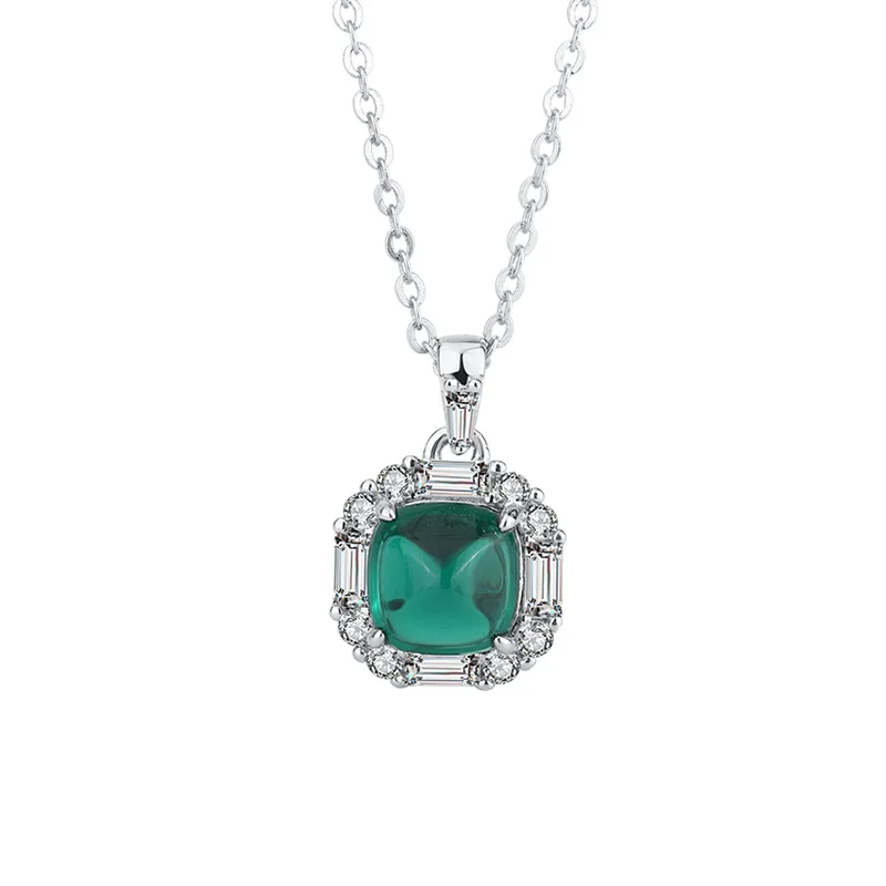 

S925 Silver Imitation Colorful Treasure Emerald Green Sugar Tower Blue Treasure Red Treasure Diamond Pendant Necklace 8 * 8