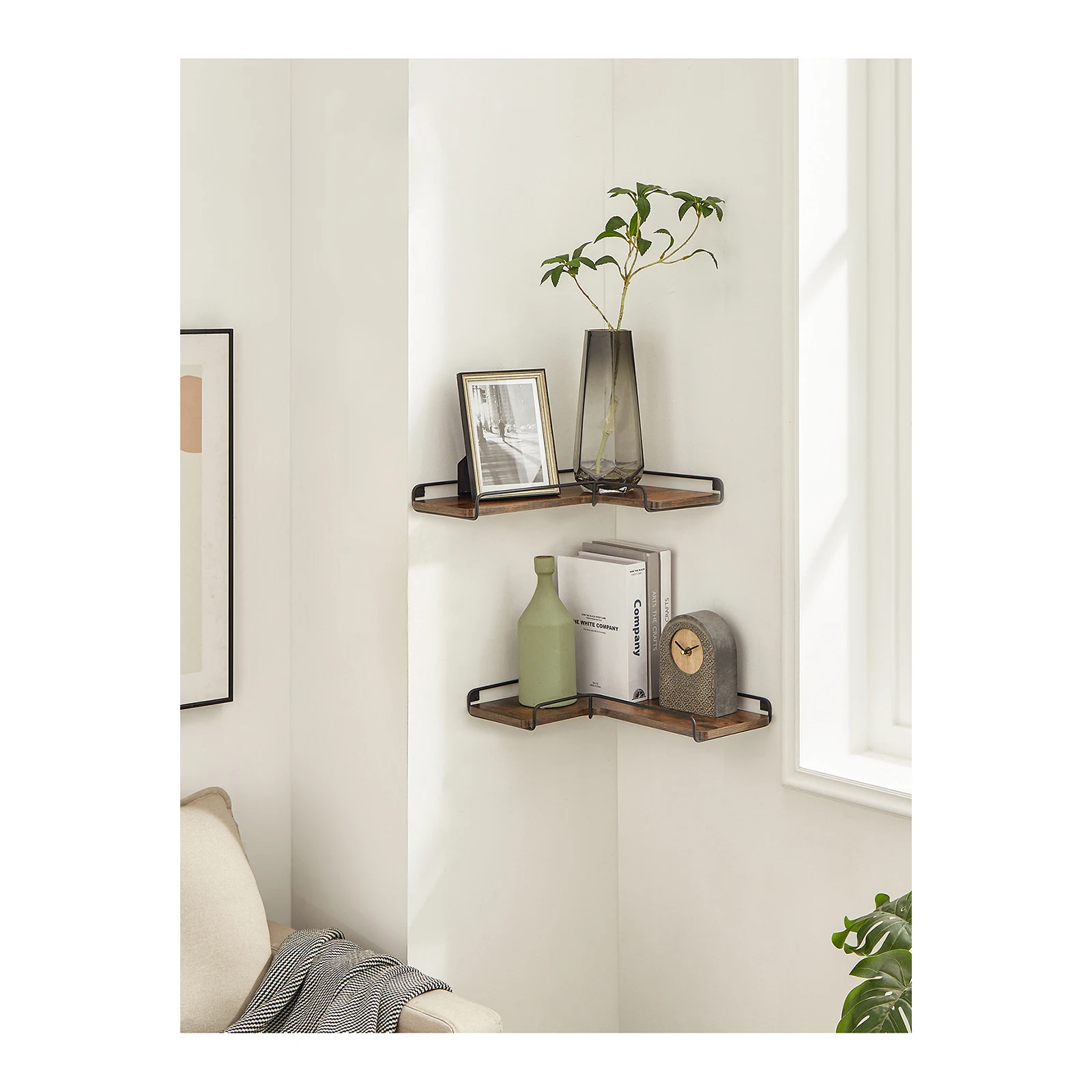 VASAGLE Set of 2 Floating L-Shaped Corner Shelves. Industrial Style. For Living Room, Bedroom, Kitchen