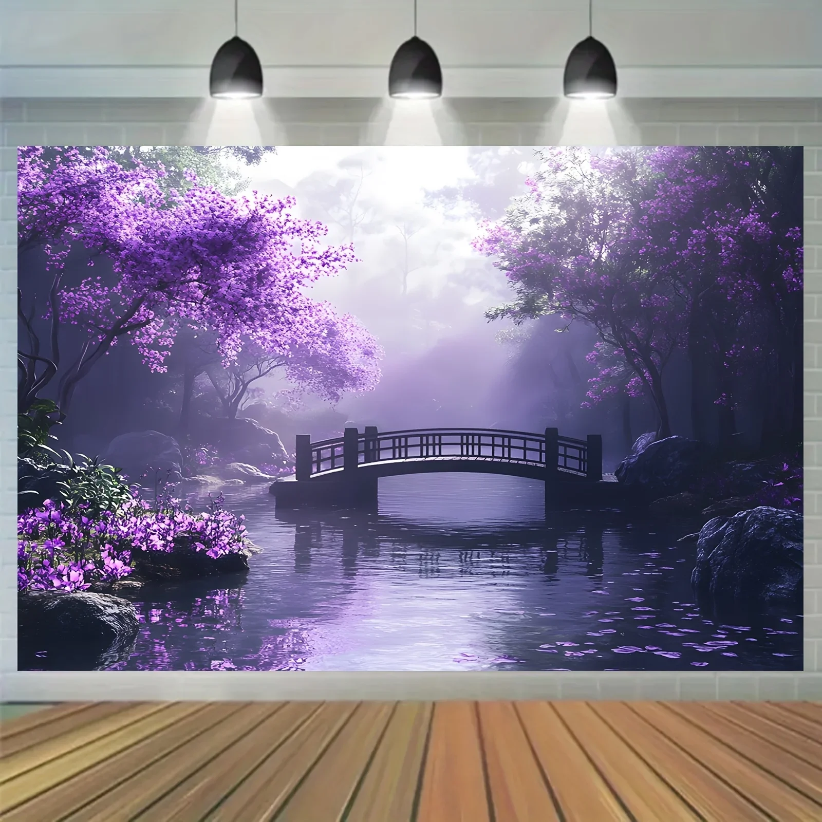 Blooming purple flowers and rustic bridge tapestry-a peaceful landscape wall hanging for bedroom living room decoration
