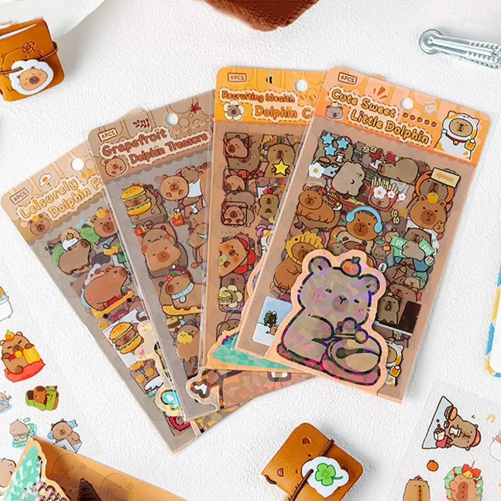 6Pcs/bag PET Capybara Sticker Stationery Material Scrapbooking Capybara Handbook Stickers Cartoon Cartoon Decorative Stickers