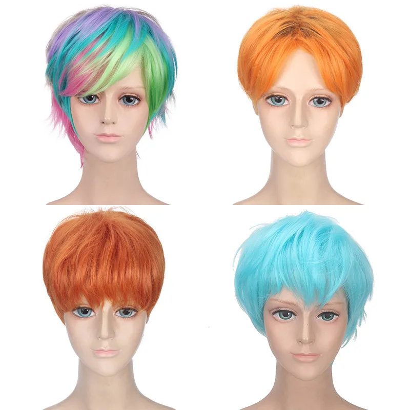 Synthetische Korte Regenboog Pruik Natuurlijke Recht Voor Mannen Oranje Haar Met Pony Cosplay Anime Halloween Dagelijkse Pruik