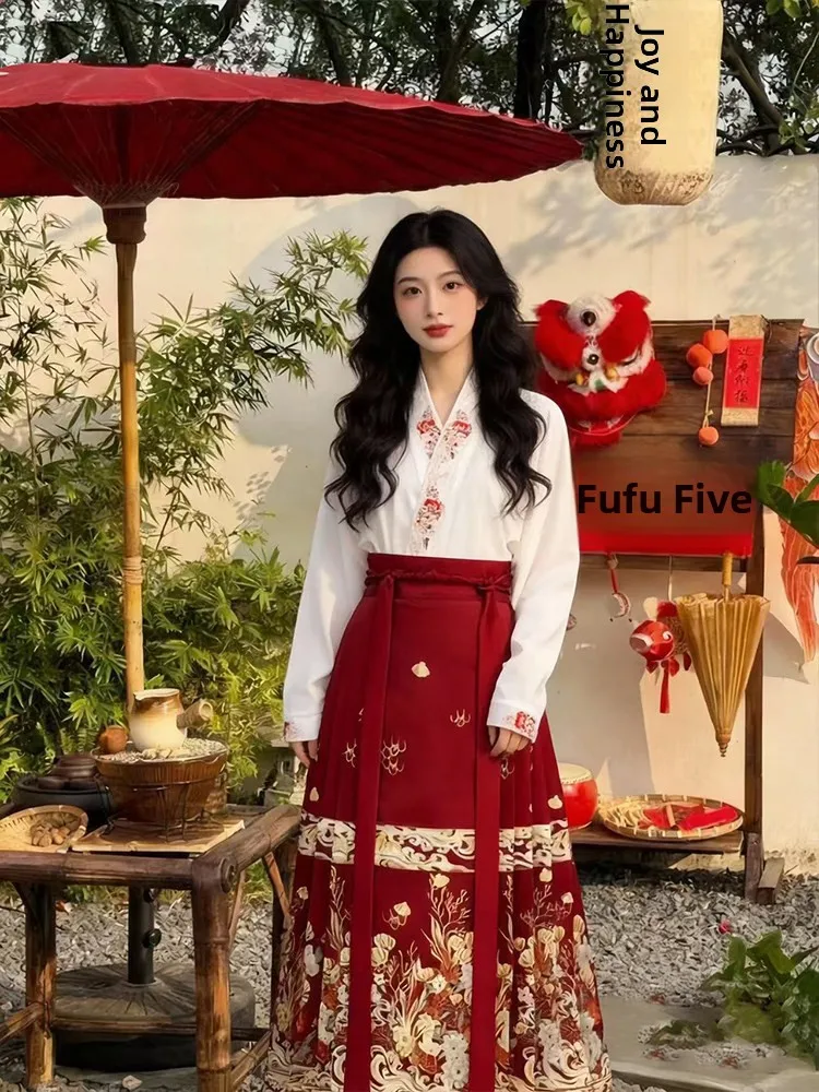 

New Chinese Sle Hanfu irt And Tailed Skirt Set Women's Spring High Waist Floral Print Casual Faion Two Piece Set