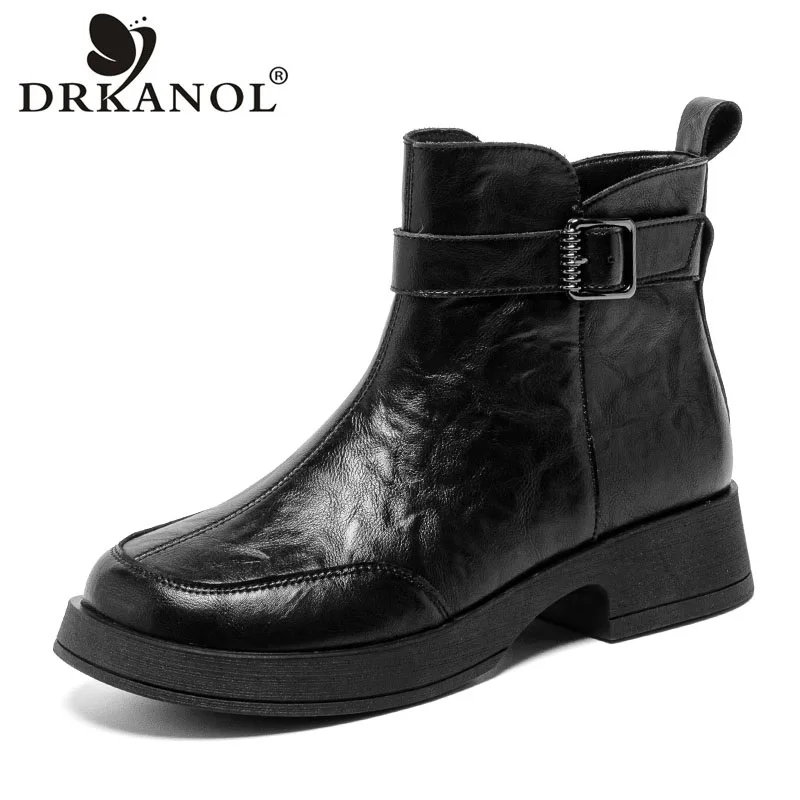 DRKANOL 2027 Fashion Women Boots Autumn Winter Round Toe Side Zipper Retro Style Real Cowhide Thick Heel Warm Short Ankle Boots