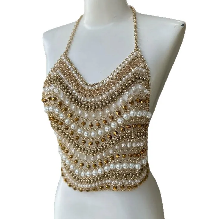 

Нижнее белье ручной работы, бюстгальтер из бисера, бретелька на шее, жемчужные топы, женская пляжная одежда, преувеличенный бюстгальтер с вырезом из бисера