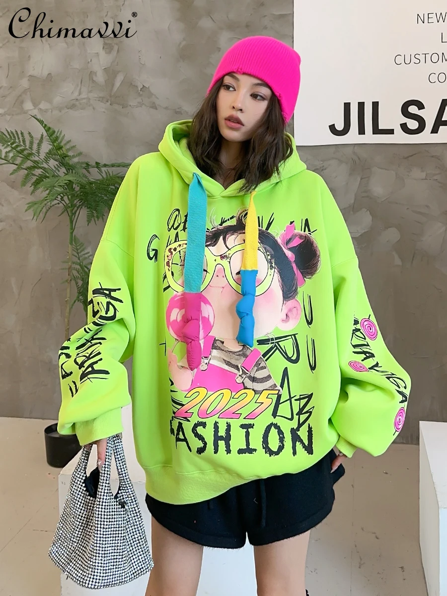 Fashion Heavy Graffiti Large Size Fleece Thickened Hooded Sweatshirt Women's Winter New Loose Long-sleeved Mid-length Loose Tops