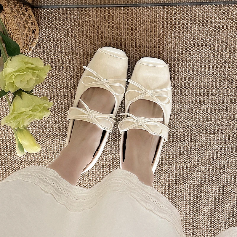 

2026 Spring Butterfly-knot Women Dot Ballet Flats Comfort Shallow Square Toe Slip on Shoes Ladies Eelgant Dress Mary Jane Shoes