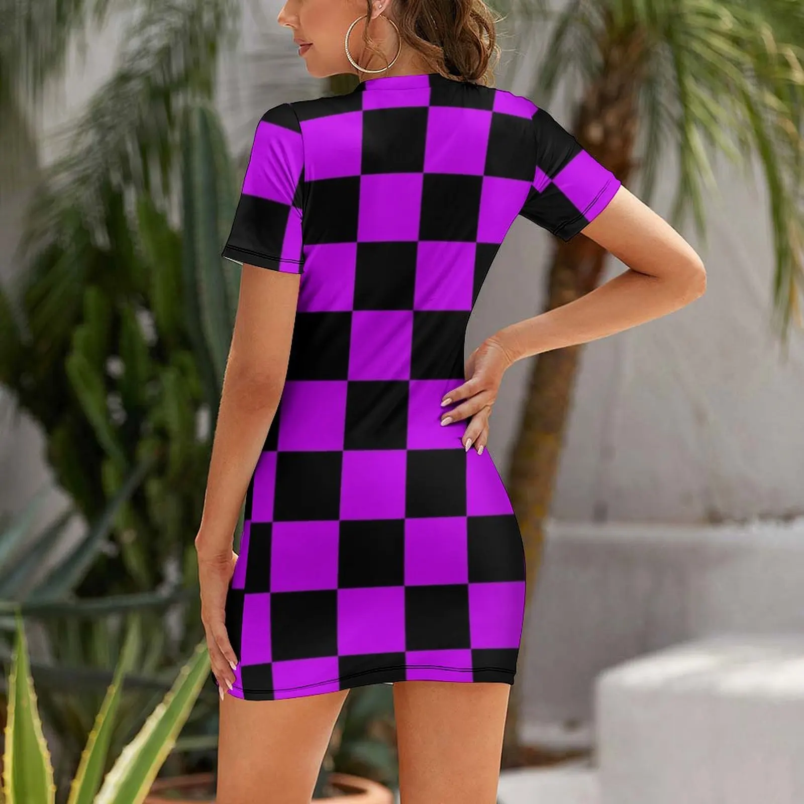 Black and Purple Checkerboard Pattern Short Sleeved Dress Summer skirt women's luxury party dress dress korean style