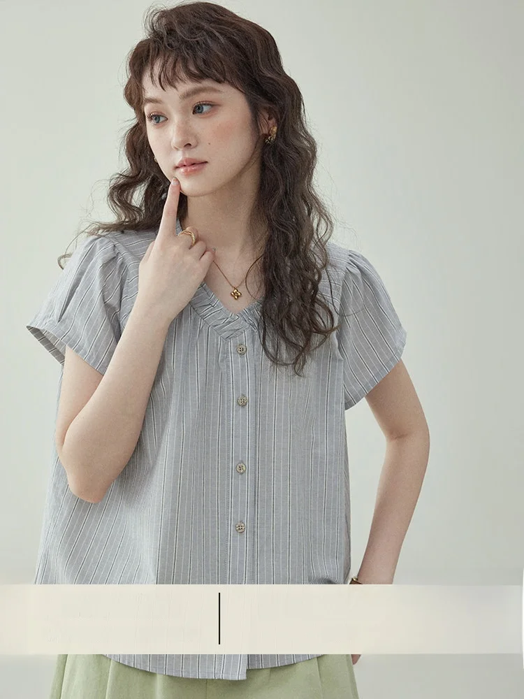 

AMUU Original Korean Style Striped V-Neck Single Button Women's Shirt Summer New Loose Short Sleeve Top North Island
