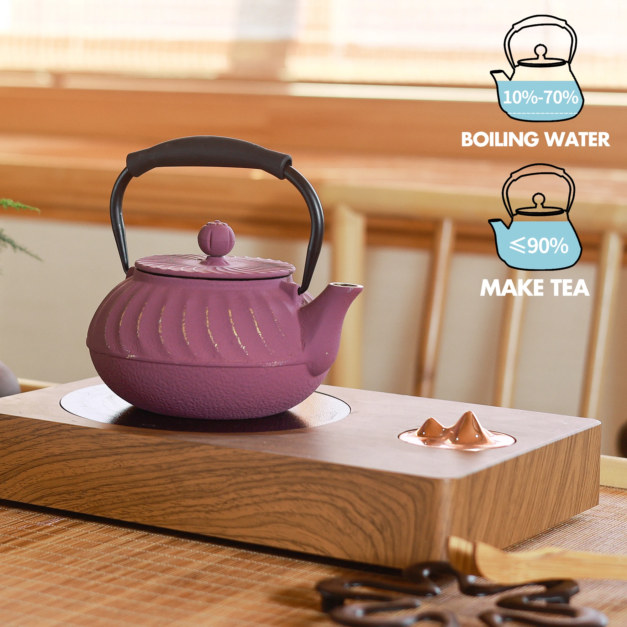 Cast Iron Teapot with Infuser,  Wave Design Cast Iron Teakettle Coated with Enameled Interior for 24oz (700ml), Green
